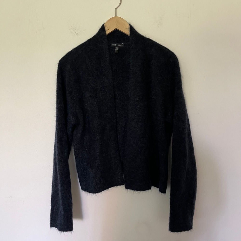 Eileen Fisher Mohair Wool Blend Open Front Fuzzy Cardigan Sweater Navy M F16VO